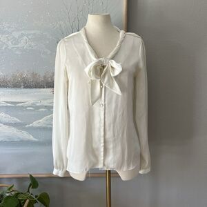 Anne Klein cream neutral Silky rolled neck Tie Blouse Size small business work